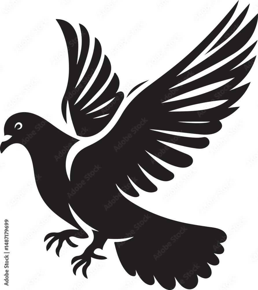 Obraz premium Pigeon Bird Black Silhouette Vector, Urban Wildlife Clipart & Flying Bird Design
