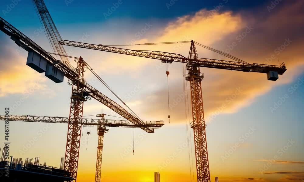 Construction site at sunset with cranes Construction site at sunset with cranes