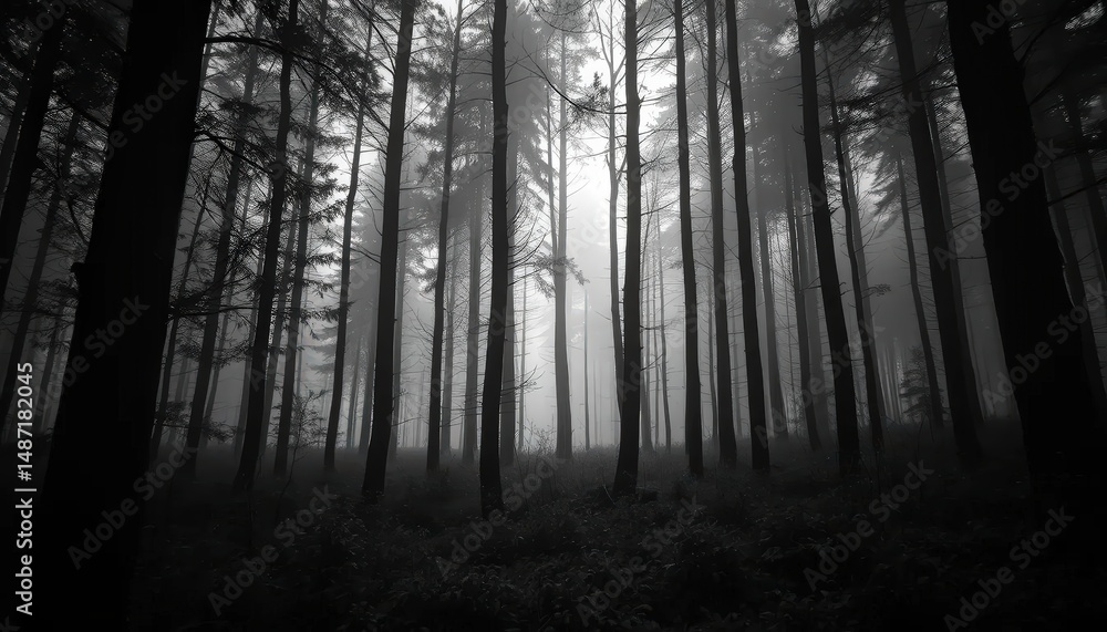 Naklejka premium Ethereal forest clearing with dense trees