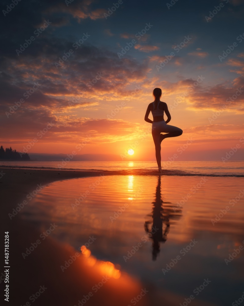 Silhouette of woman practicing yoga on a peaceful beach at sunrise, calm sea, golden sky, mindfulness and wellness theme, tranquil atmosphere Silhouette of woman practicing yoga on a peaceful beach at sunrise, calm sea, golden sky, mindfulness and wellness theme, tranquil atmosphere