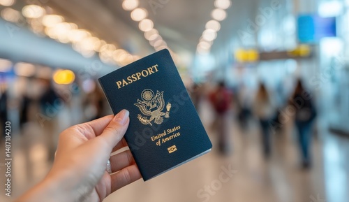 Hand holding a U.S. passport in a bustling airport.