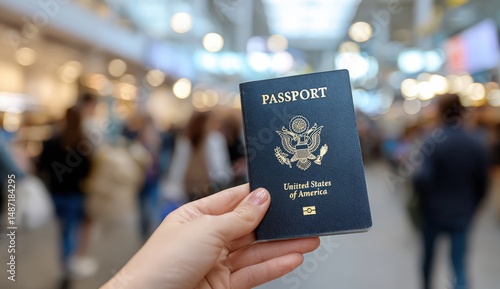 Hand holding a U.S. passport in a busy airport.