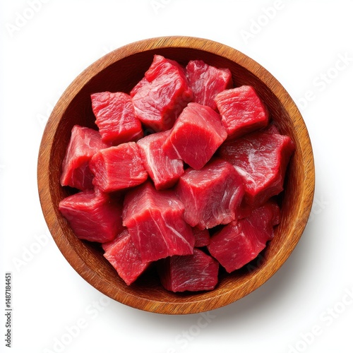 Diced raw beef in bowl, top view on white background