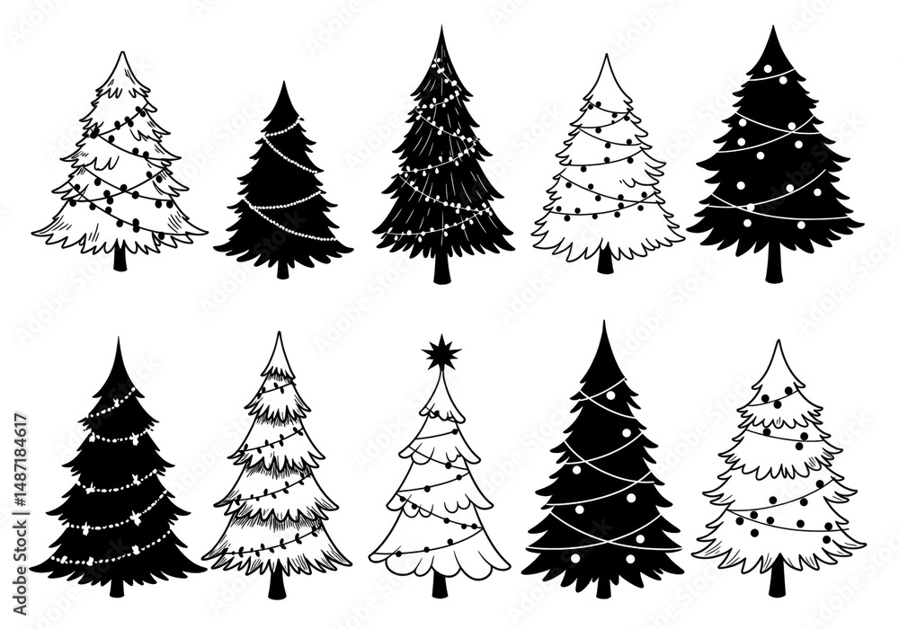 Obraz premium Ten christmas trees in black and white with varying designs and decorations on a white background