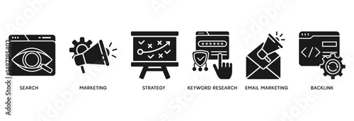 Seo marketing icon set vector illustration concept relate to search, marketing, strategy, keyword research, email marketing, backlink