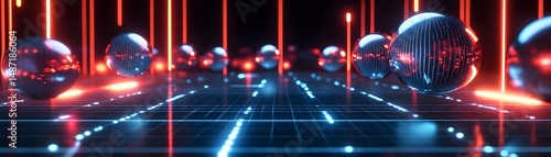 Digital sphere landscape with vibrant neon lights.