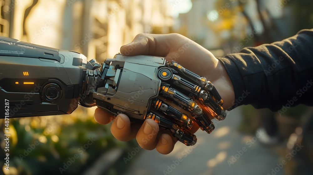 A metallic robotic hand shakes a human hand. A metallic robotic hand shakes a human hand.