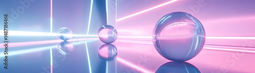 Abstract scene with glowing neon lines and spheres.