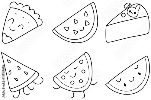 Cute pie and chart slices with smiling faces create delightful icon collection perfect for fun designs