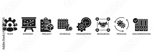 Work flow icon set vector illustration concept relate to team, strategy, project, schedule, management, resources, process, documentation