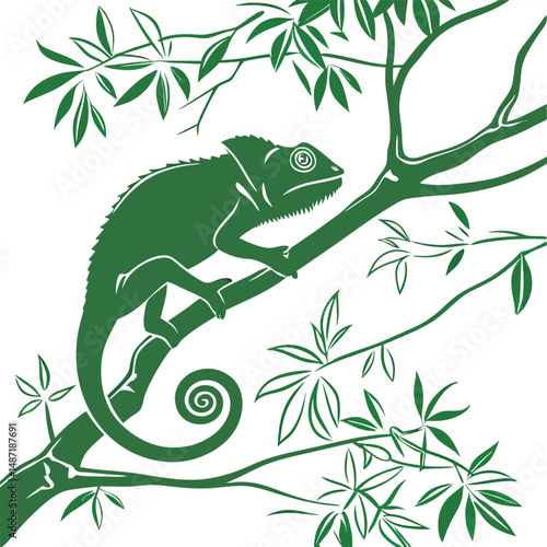 Bright Green Chameleon Blending into Background  