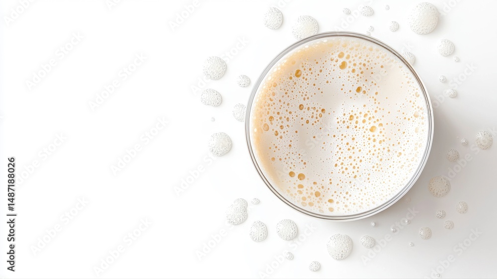 Top View of Frothy Beverage in Glass with Bubbles on White Background bubbles beverage glass froth Top View of Frothy Beverage in Glass with Bubbles on White Background bubbles beverage glass froth