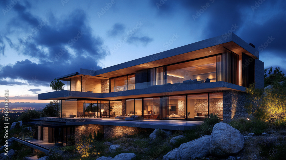 Obraz premium Luxurious residences exterior illuminated in the evening, Rendered contemporary house with clean lines, The graceful facade of a luxury home glowing in the evening light.