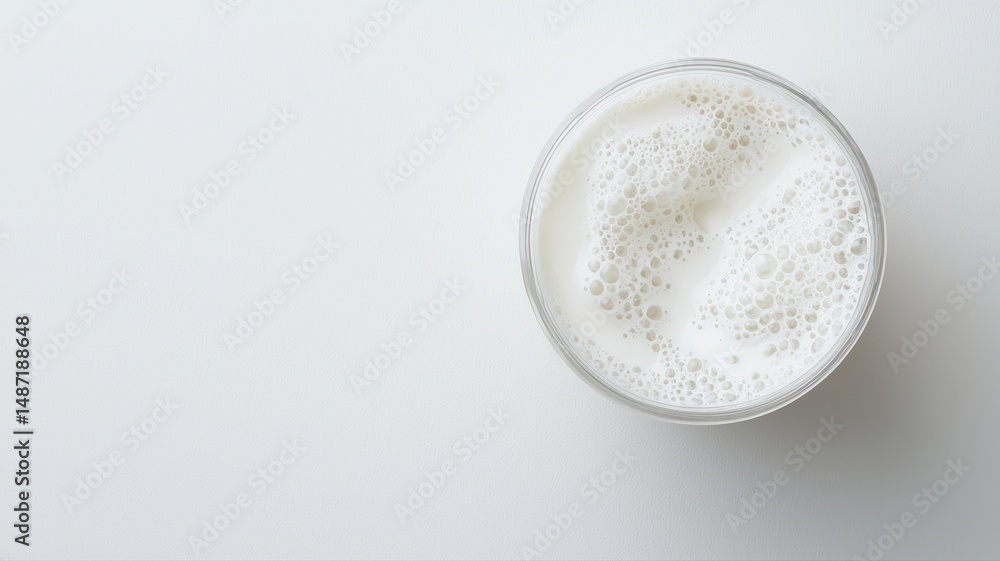 Overhead view of glass of milk with foam on white background milk glass foam overhead froth bubbles Overhead view of glass of milk with foam on white background milk glass foam overhead froth bubbles