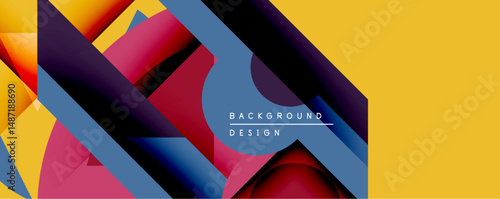 Abstract geometric composition. Vivid colors overlap, creating dynamic visual effect. Modern design features sharp angles, smooth gradients, bold shapes. Yellow dominates right side.