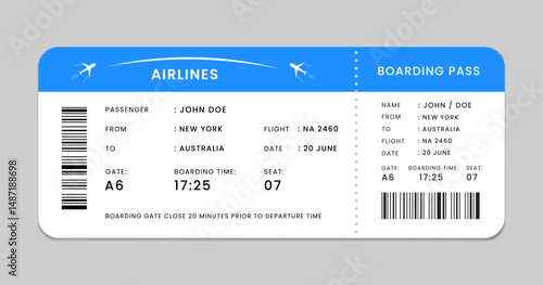 Boarding pass. Flight ticket design for travel and vacation. Editable airline boarding pass template. Blue and white airline ticket layout.