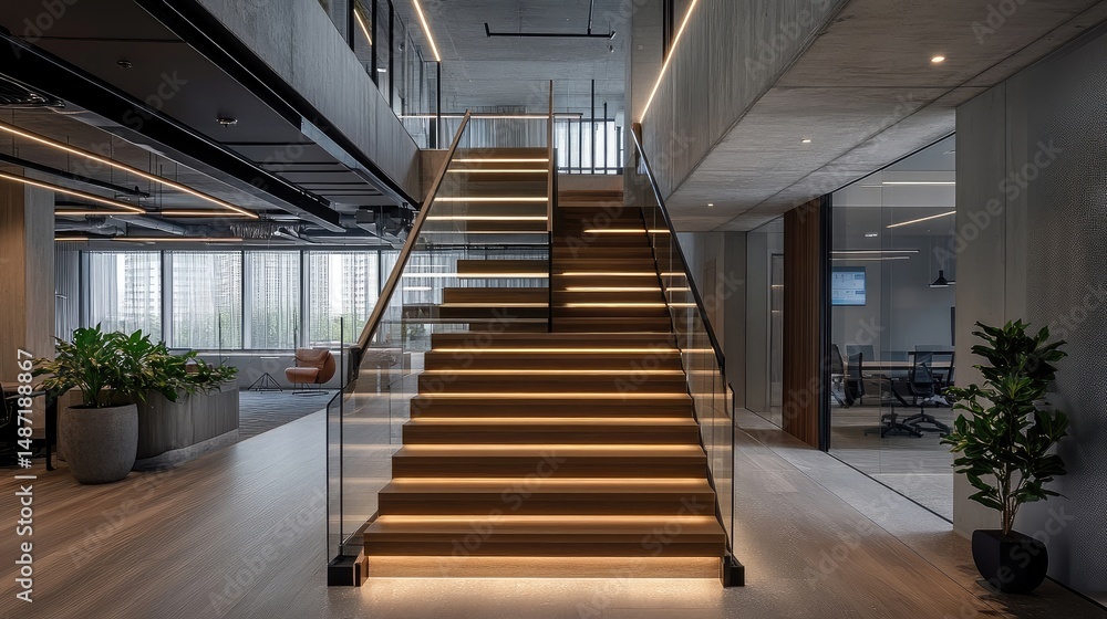 Fototapeta premium Illuminated staircase in modern office building with sleek design elements