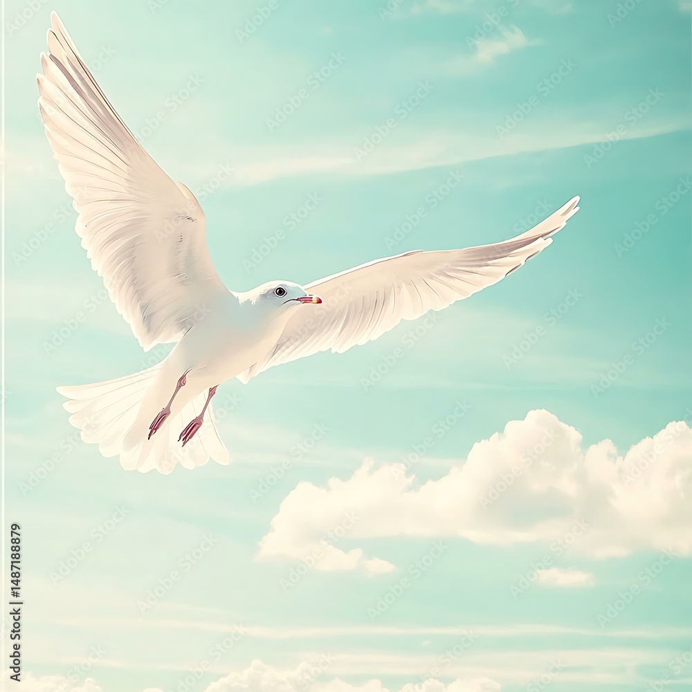 Fototapeta premium A bird flying freely in a bright blue sky dotted with soft clouds, the wings spread wide, symbolizing freedom and tranquility in nature.