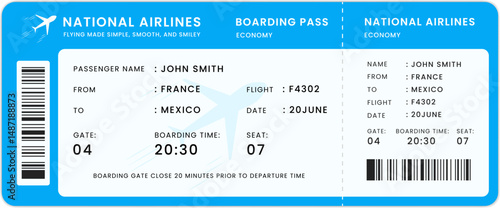 Modern airline boarding pass ticket, displaying travel details information. Boarding pass vector illustration.