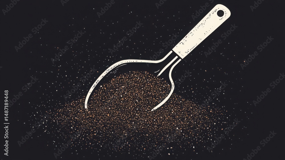 Obraz premium Ground Coffee Mound with Scoop on Dark Background for Gourmet Coffee Lovers