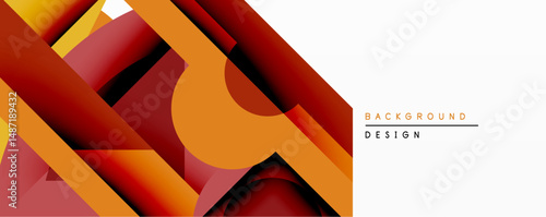 Abstract geometric design features overlapping shapes. Warm color palette dominates, utilizing shades orange, red, brown. Minimalist style creates modern aesthetic. Clean lines define composition.