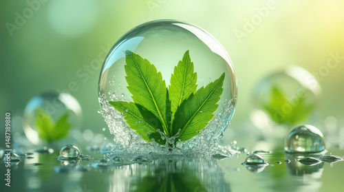 Herbal leaves encased in bubbles. Beauty science concept herbal medicine, organic skincare ingredients for holistic wellness, scientific innovation. Fresh plant extract in water bubble, nature 