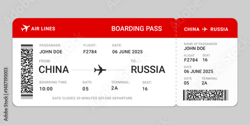 Boarding pass flight ticket template. Red and white airplane ticket design. Travel boarding pass, gate pass, air line booking, Invitation card, Vector illustration