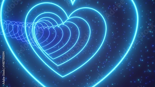 Moving Slowly Through Blue Neon Love Heart 3D Tunnel Glowing Light - Abstract Background Texture