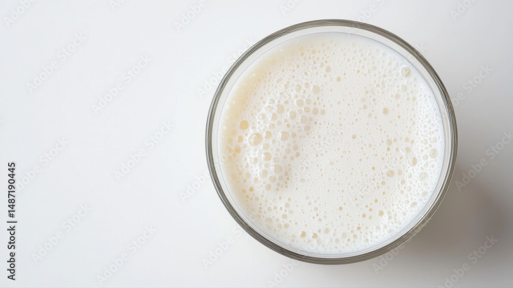 Top View of Glass of Fresh Milk with Foam Bubbles on White Background milk glass foam bubbles white Top View of Glass of Fresh Milk with Foam Bubbles on White Background milk glass foam bubbles white