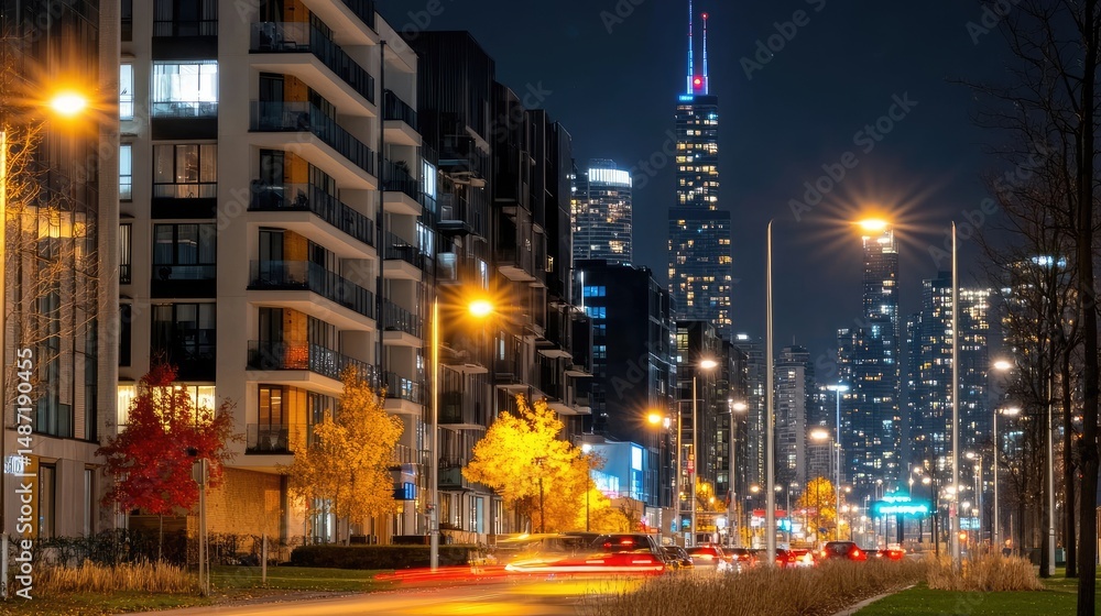 Fototapeta premium Illuminated Chicago Skyline at Night with Modern Architecture and Traffic Light