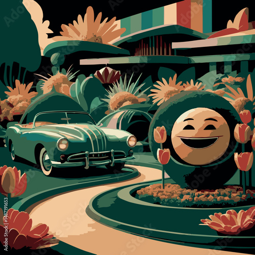 A whimsical and retro-inspired digital artwork showing a classic green convertible parked in a vibrant garden. Cartoonish topiary figures with expressive faces and large flowers create a dreamy, surre