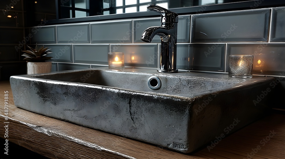 A white rectangular wash basin with modern tap and clean counter, set against a tiled wall, minimal styling A white rectangular wash basin with modern tap and clean counter, set against a tiled wall, minimal styling