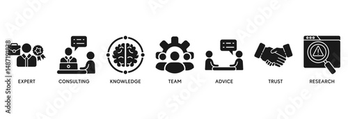 Expertise icon set vector illustration concept relate to representing high-level knowledge and experience with an icon of expert, consulting, knowledge, team, advice, trust, and research