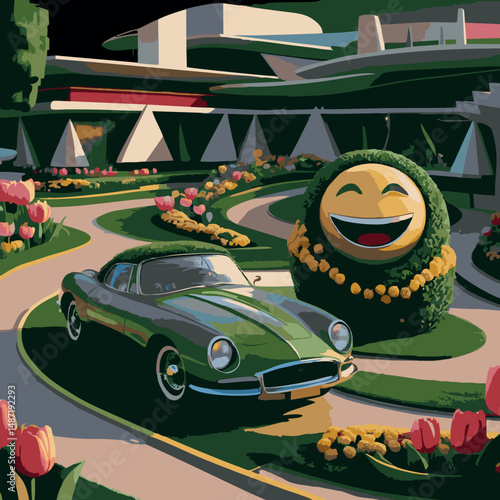 A whimsical and retro-inspired digital artwork showing a classic green convertible parked in a vibrant garden. Cartoonish topiary figures with expressive faces and large flowers create a dreamy, surre