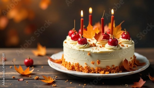 Festive autumnal anniversary cake with decorations, sugar, spices