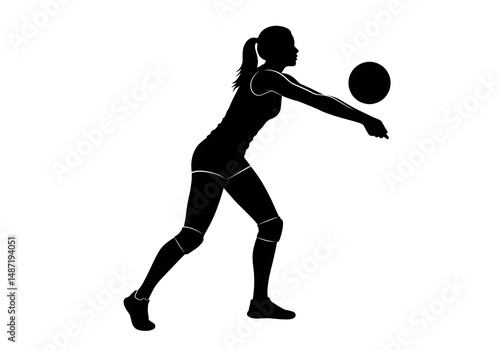Silhouette of a woman playing volleyball with a ponytail and knee pads on a white background space around her