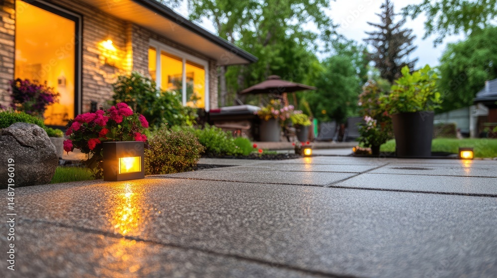 Obraz premium Tranquil Backyard Oasis Featuring Ambient Lighting and Lush Landscaping