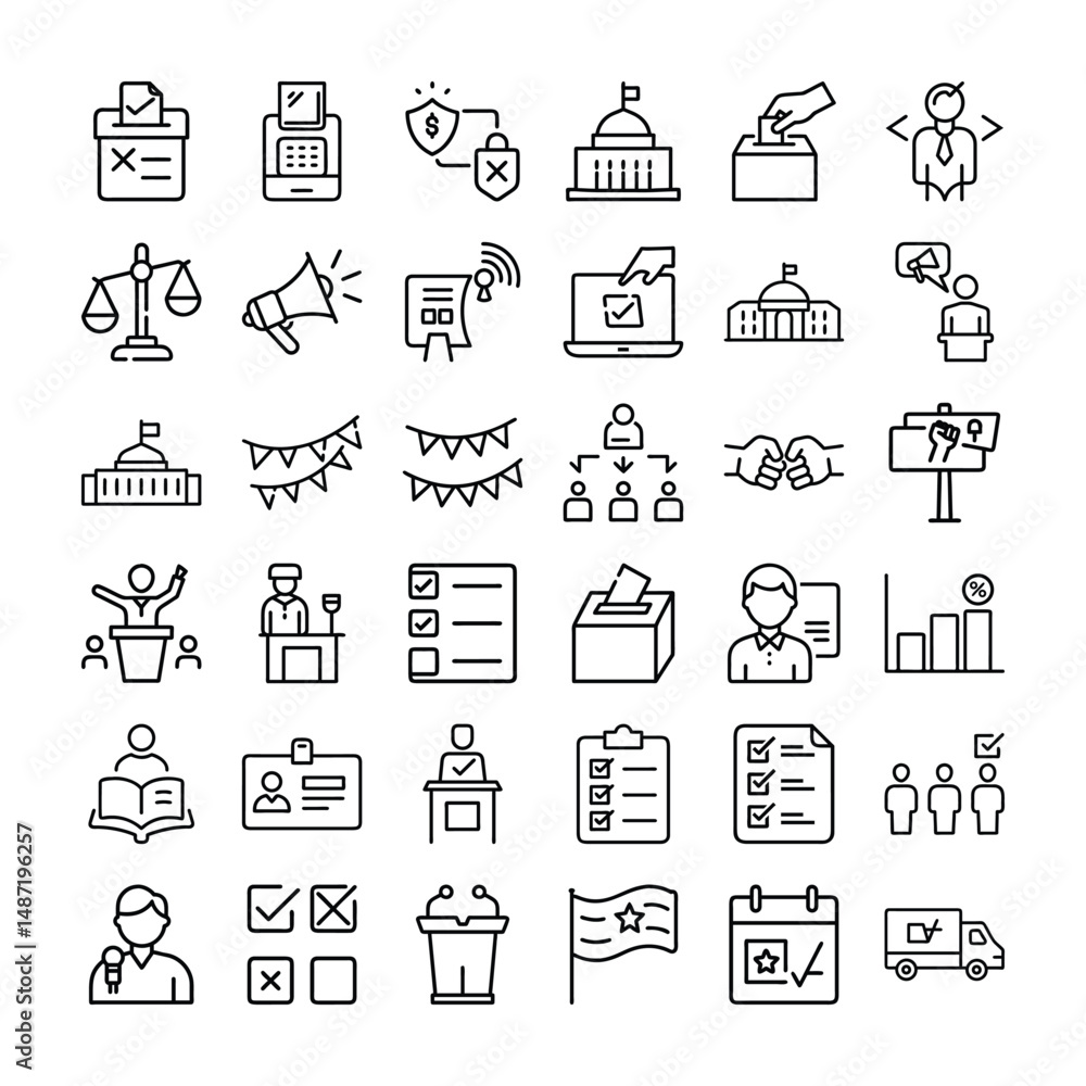 Fototapeta premium Politics and Government Icons Voting and Law Line Icons