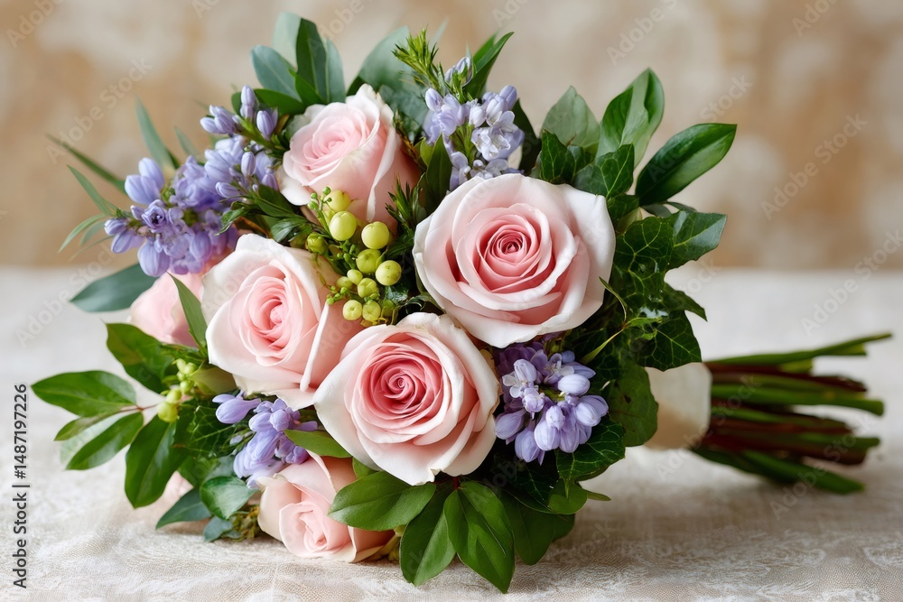 Fototapeta premium Delicate Pink Roses and Purple Flowers composing a Beautiful Wedding Bouquet