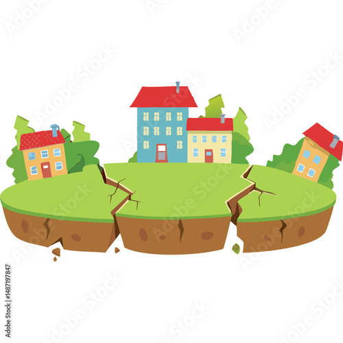 Earthquake natural disaster cracked earth houses cartoon illustration vector