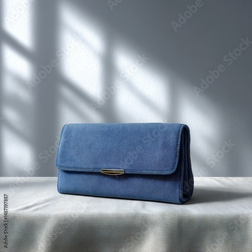 Soft-Structured Denim Clutch Bag in Washed-Out Blue on Folded Linen under Diffused Window Light, Photorealistic Style