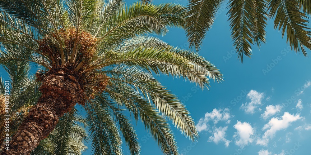 Naklejka premium Tropical Palm Canopy: A low-angle perspective captures the lush fronds of a palm tree against a vivid blue sky, inviting thoughts of a vacation or a moment of relaxation and leisure. Ai image