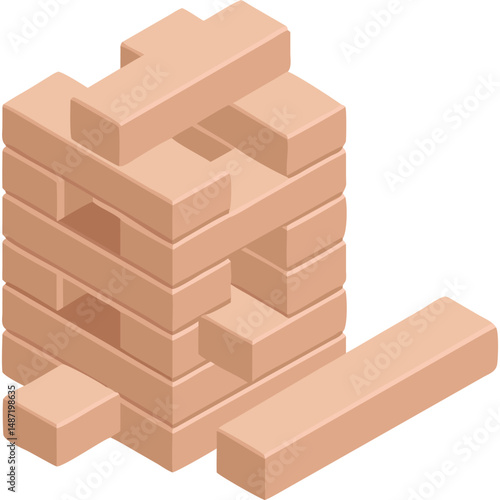Jenga Tower Isometric Illustration Wood Game Block Balance