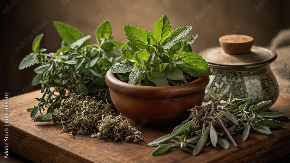 Fototapeta premium Still life of fresh herbs in a bowl with dried herbs and a ceramic pot on a wooden surface