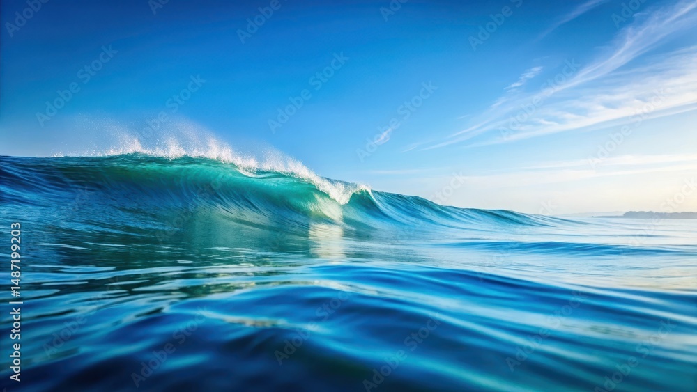 Fototapeta premium Tranquil ocean waves gently rolling on a serene light blue background, blue sky, serene, blue sky,serene, ocean waves
