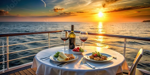 A gourmet meal with a bottle of wine on a table set for two on the upper deck of a luxury cruise ship at sunset, nautical