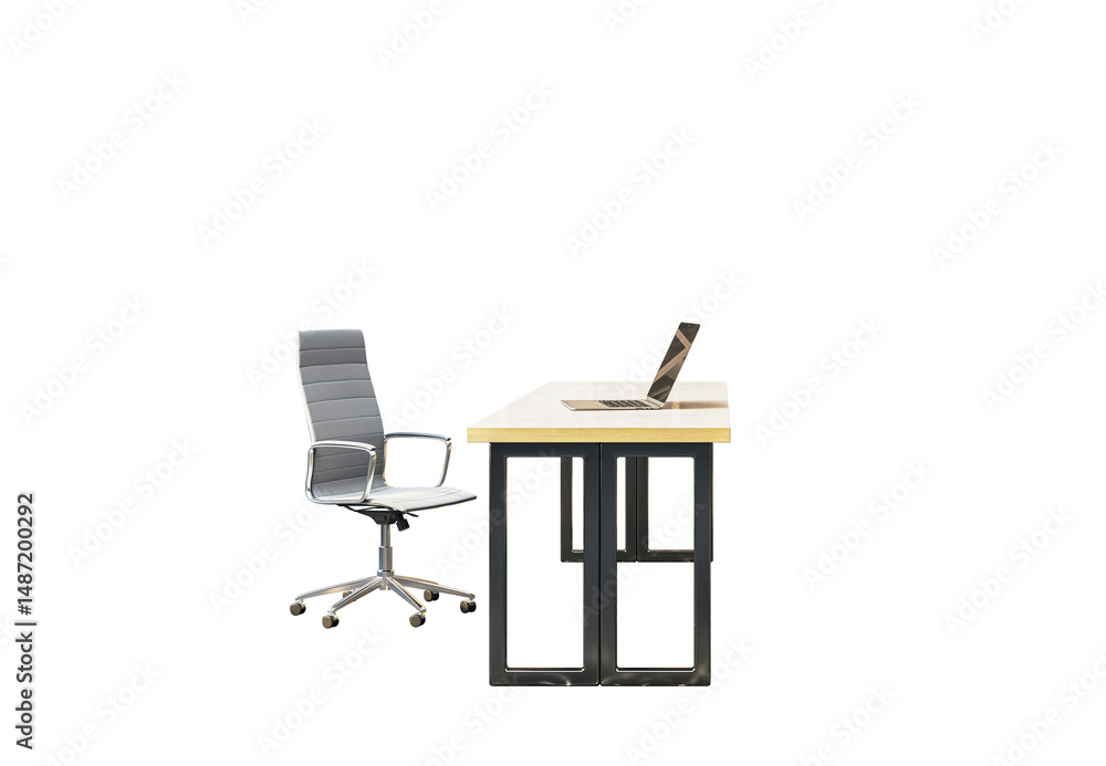 Fototapeta premium Side view of a modern office desk with a laptop and ergonomic chair, clean layout style on white background. Concept of business workspace. 3D Rendering.
