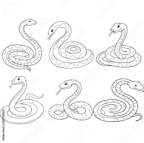 Adorable cartoon snakes coloring page six designs