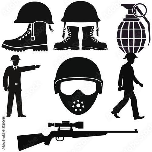 Military gear icons soldier equipment warfare symbols