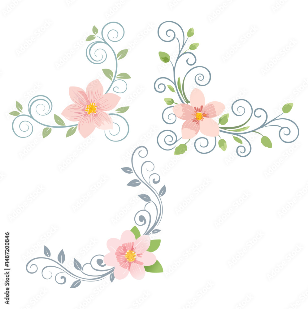 Fototapeta premium Elegant floral corner designs pink flowers swirls